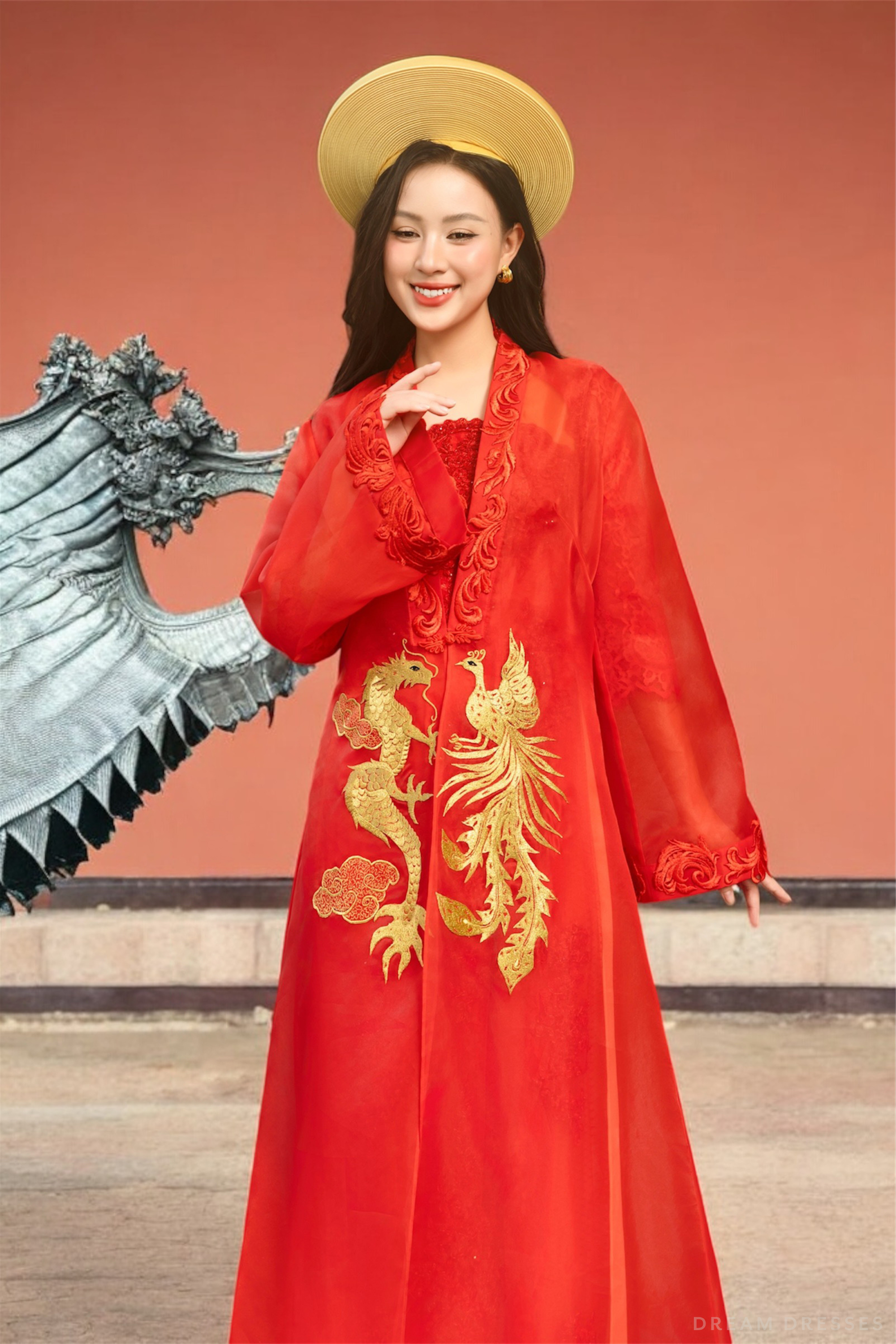 Red and Gold Ao Dai OverCoat | Traditional Vietnamese Bridal OverCoat  (#ANNA)