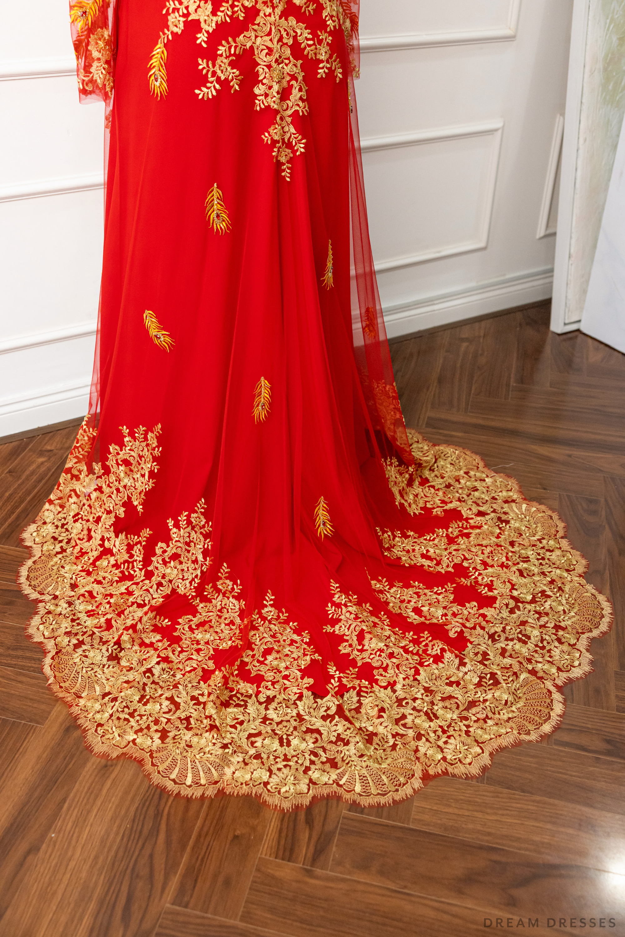 Red Bridal Ao Dai | Vietnamese Modern Bridal Dress with Phoenix Embroidery (#LYS)