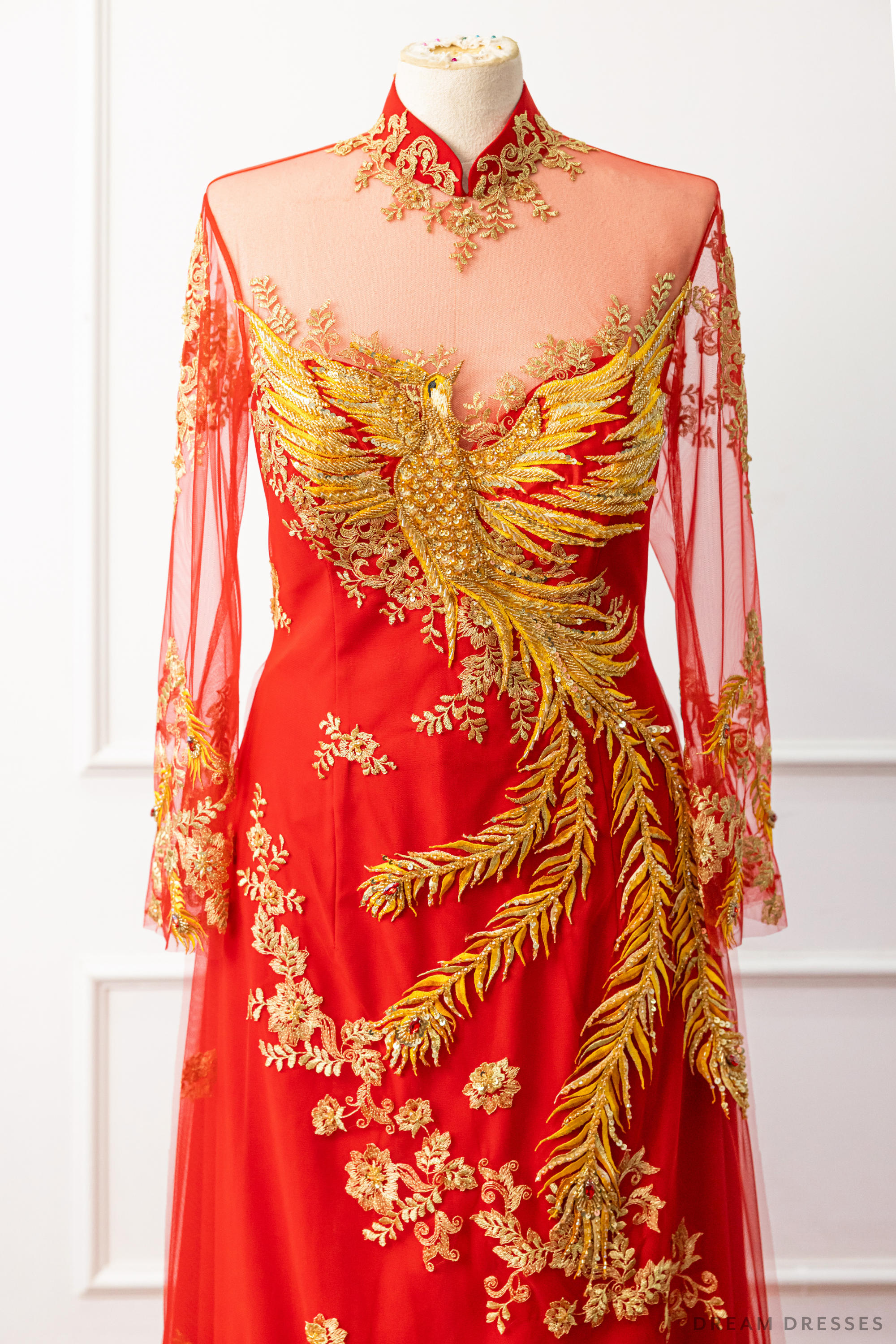 Red Bridal Ao Dai | Vietnamese Modern Bridal Dress with Phoenix Embroidery (#LYS)