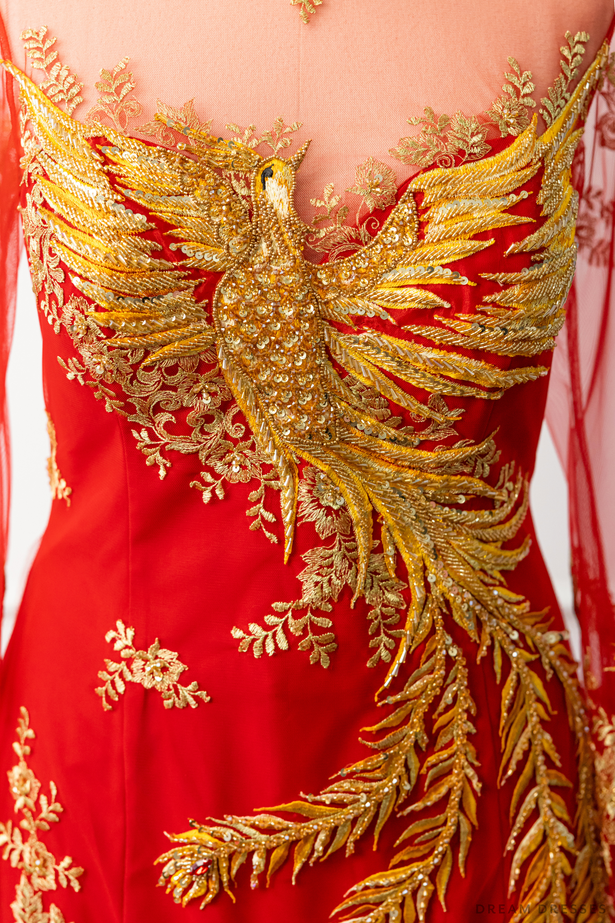 Red Bridal Ao Dai | Vietnamese Modern Bridal Dress with Phoenix Embroidery (#LYS)