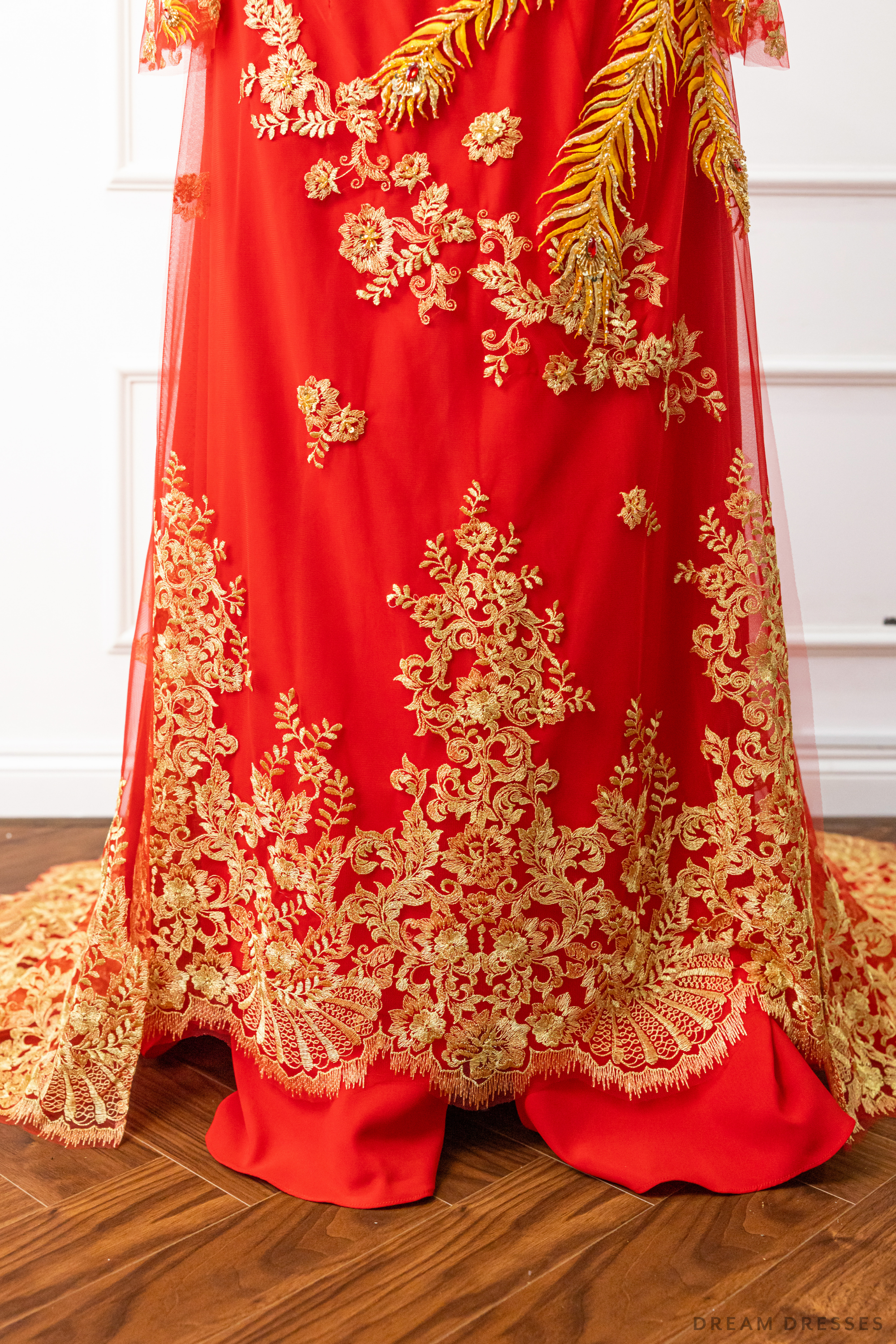 Red Bridal Ao Dai | Vietnamese Modern Bridal Dress with Phoenix Embroidery (#LYS)