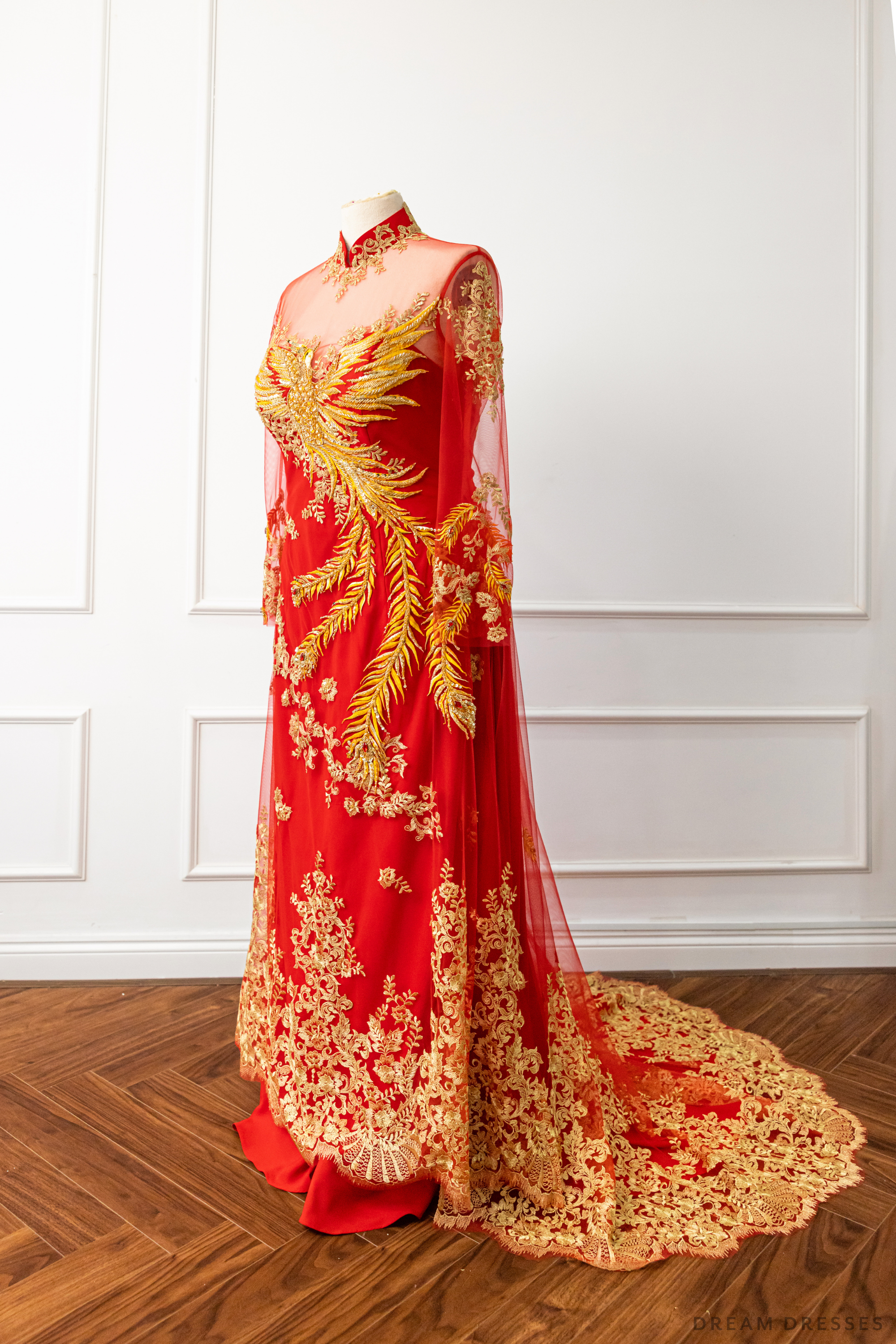 Red Bridal Ao Dai | Vietnamese Modern Bridal Dress with Phoenix Embroidery (#LYS)