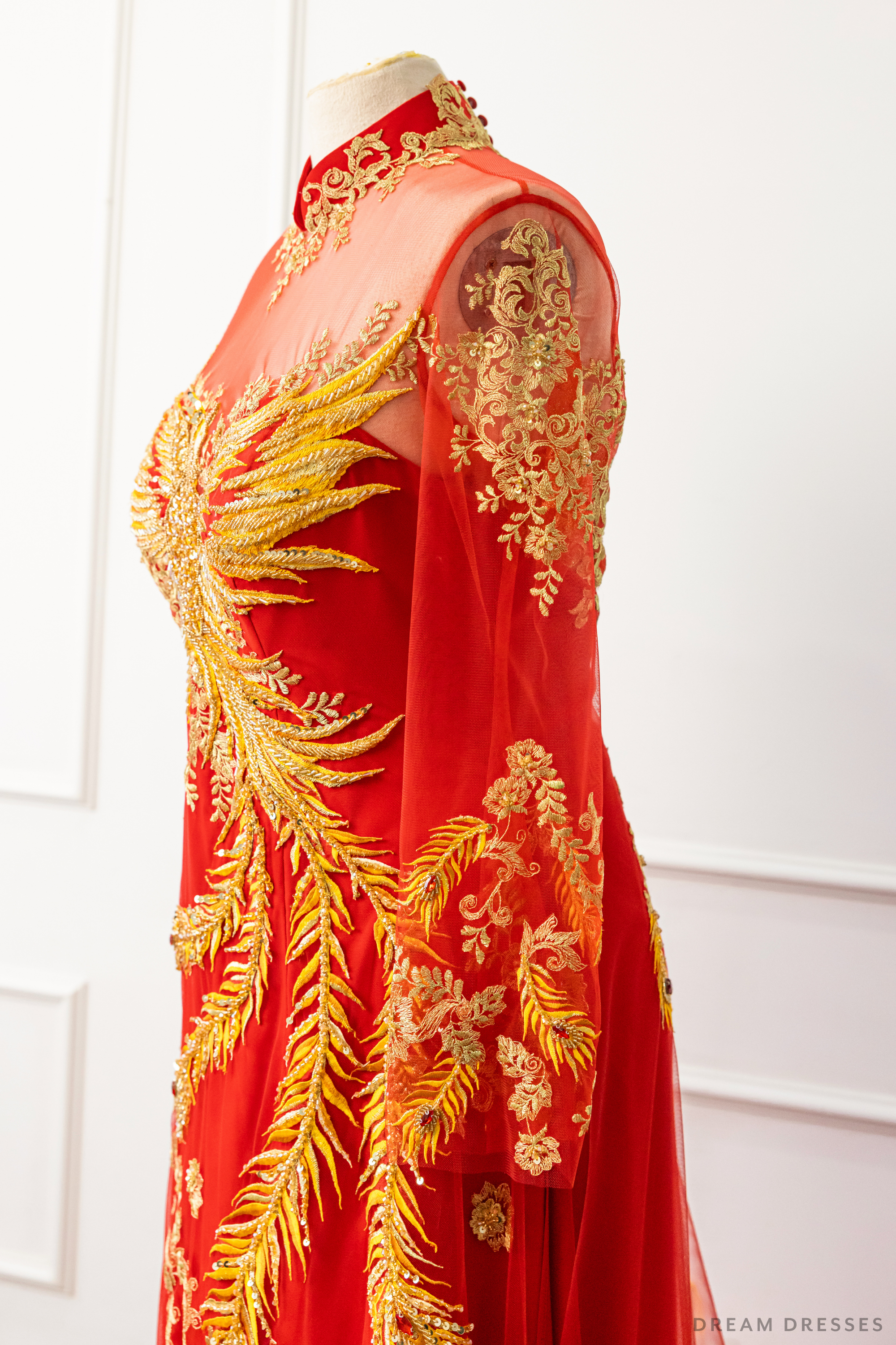 Red Bridal Ao Dai | Vietnamese Modern Bridal Dress with Phoenix Embroidery (#LYS)