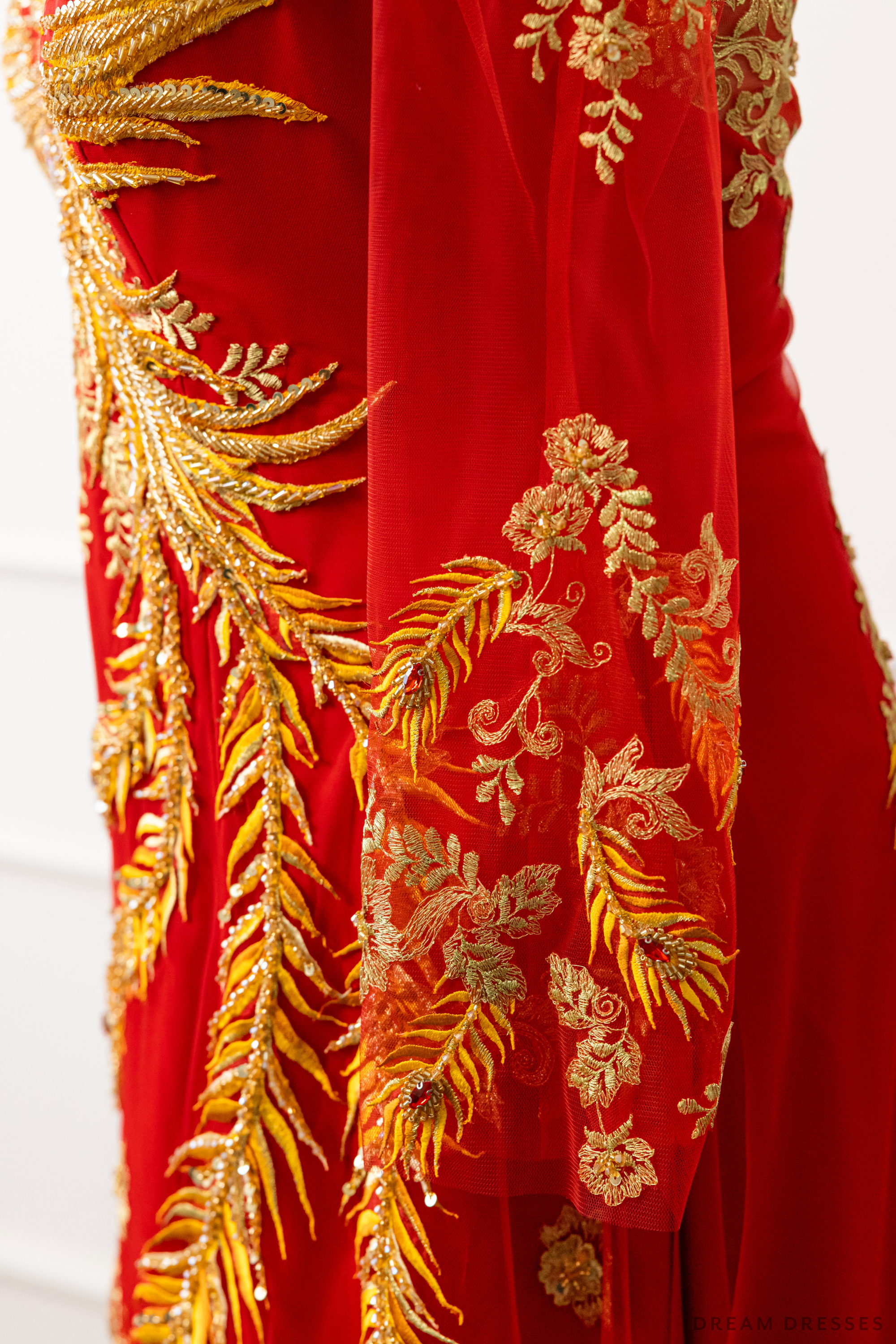 Red Bridal Ao Dai | Vietnamese Modern Bridal Dress with Phoenix Embroidery (#LYS)