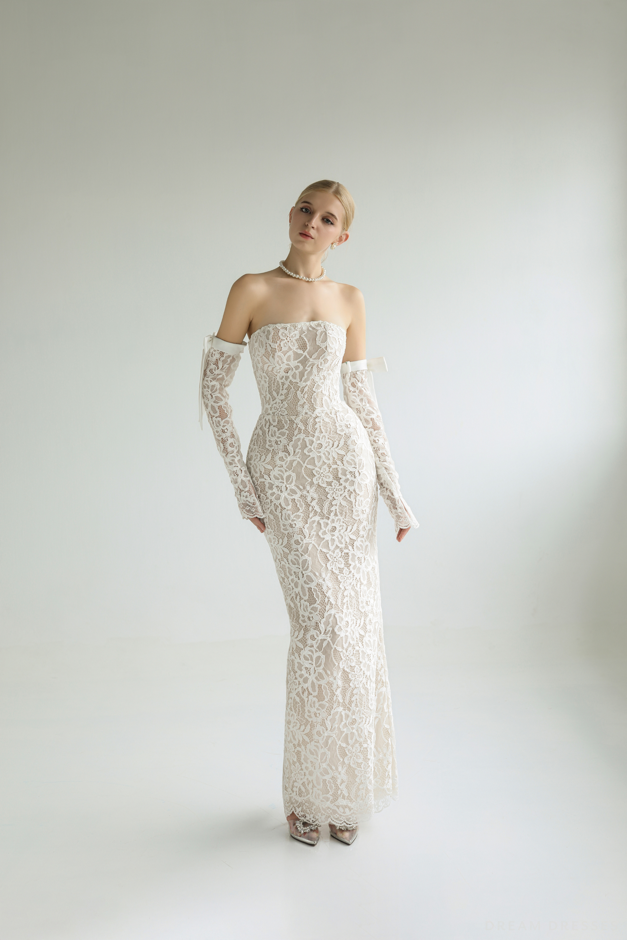 Strapless Lace Wedding Dress with Detachable Sleeves (#MERITA)