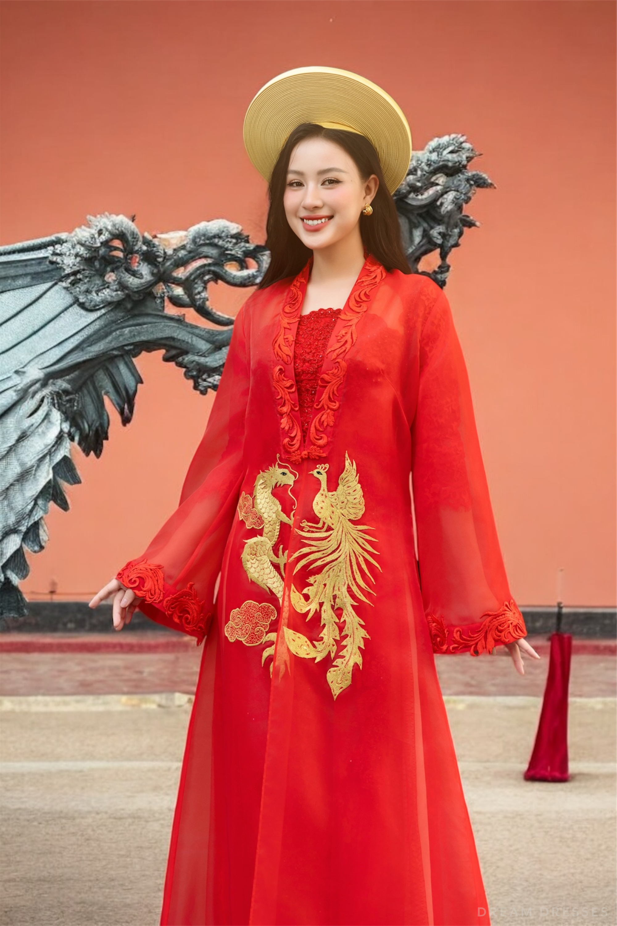 Red and Gold Ao Dai OverCoat | Traditional Vietnamese Bridal OverCoat  (#ANNA)