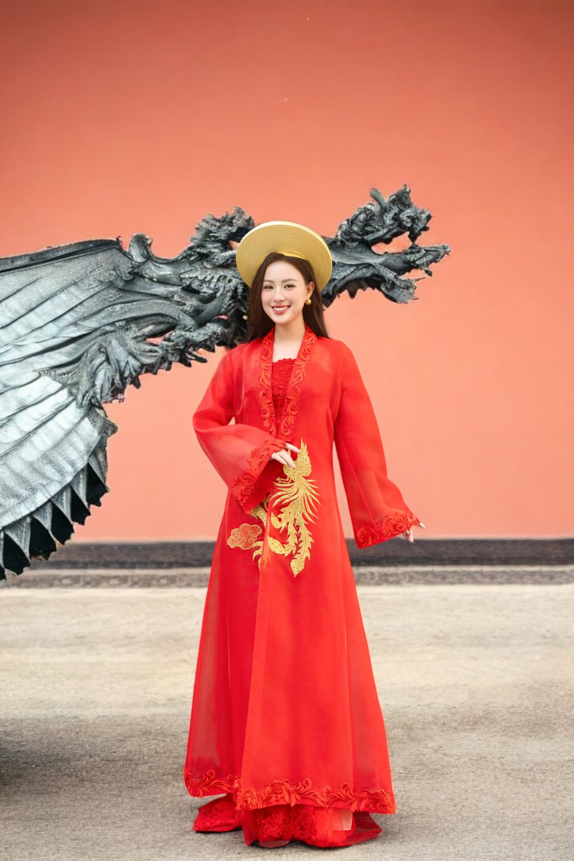 Red and Gold Ao Dai OverCoat | Traditional Vietnamese Bridal OverCoat  (#ANNA)