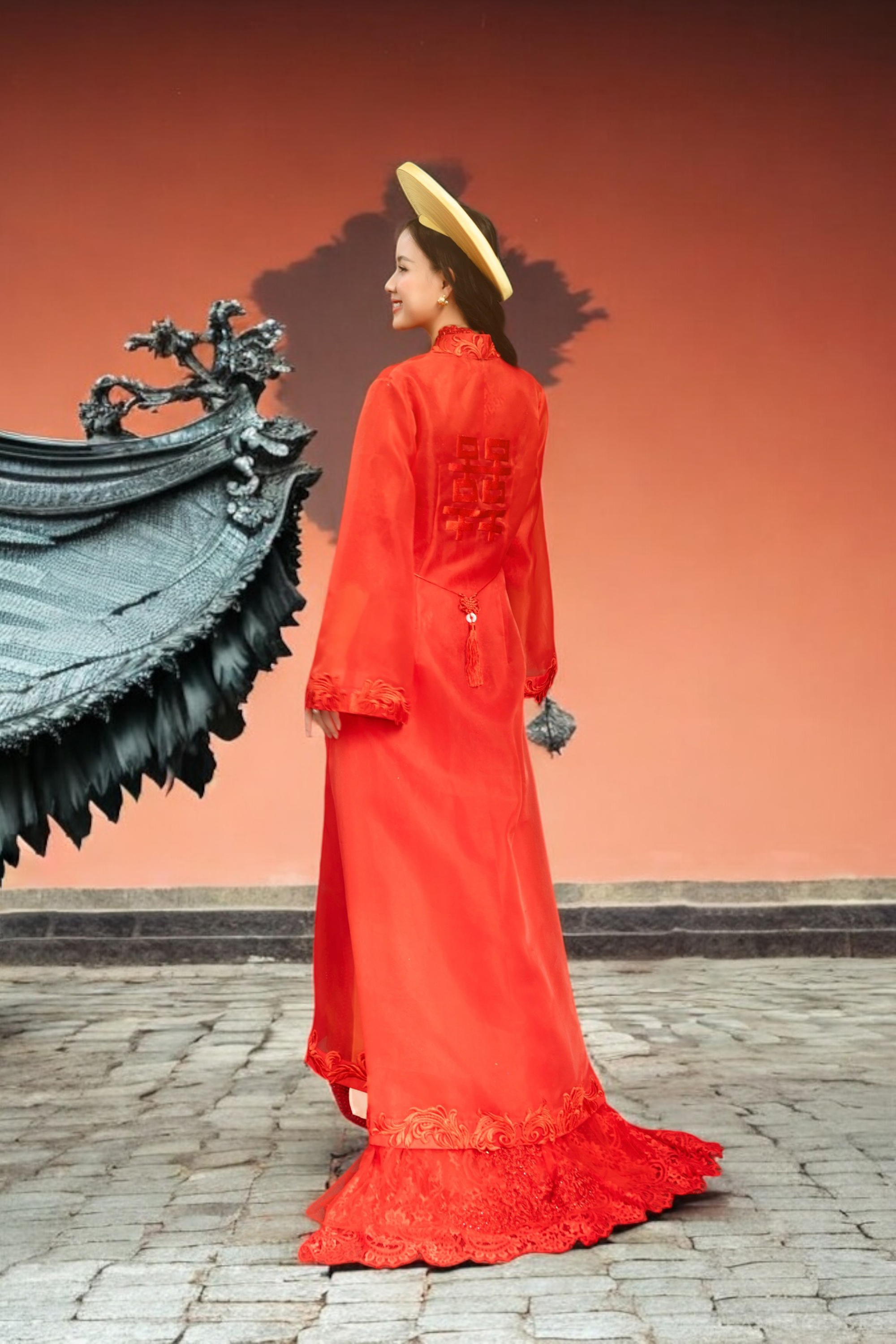 Red and Gold Ao Dai OverCoat | Traditional Vietnamese Bridal OverCoat  (#ANNA)