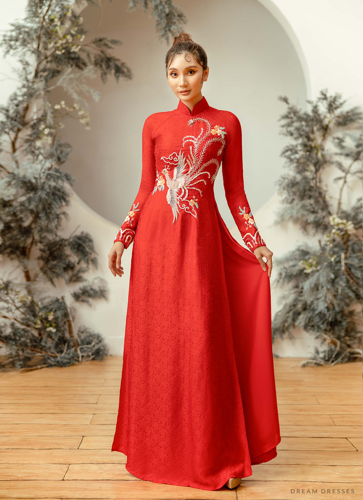 Red Ao Dai VietnameseTraditional Wedding Dress with Gold Embroidery and  Train