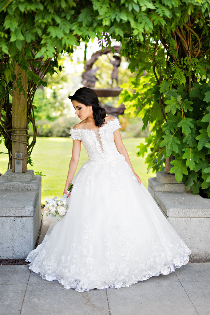 SAMPLE SALE Strapless Wedding Gown With Floral Lace Appliques GARDENIA 