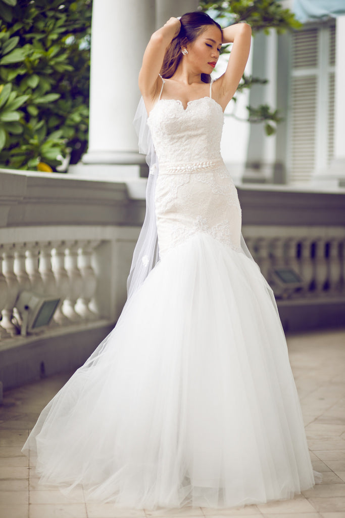 SAMPLE SALE Strapless Wedding Gown With Floral Lace Appliques GARDENIA 