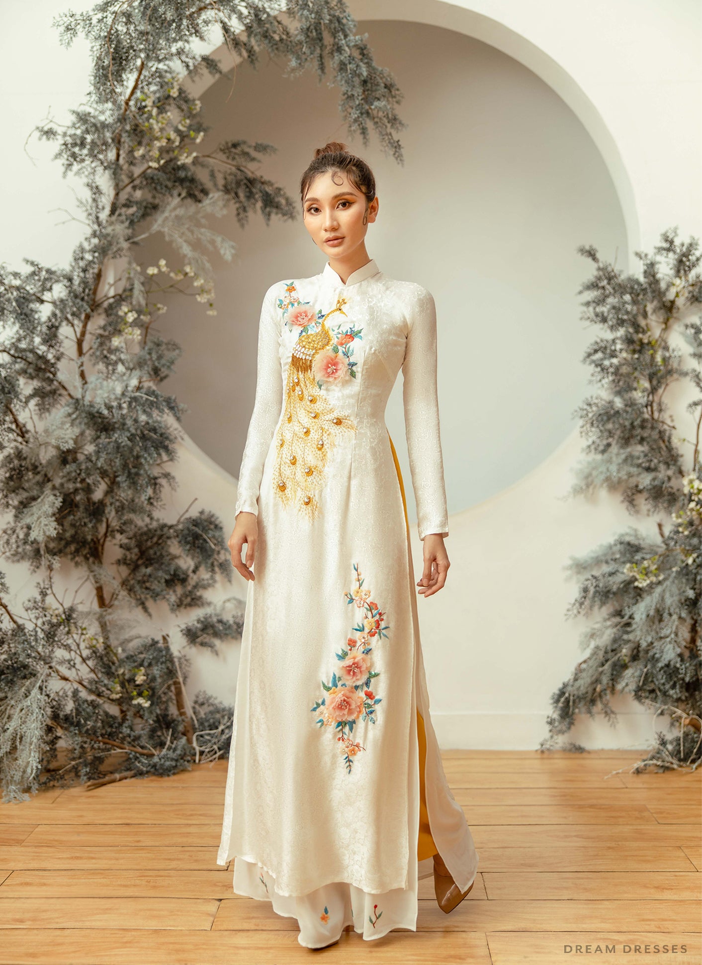 White Bridal Ao Dai, Embellished Vietnamese Traditional Bridal Dress