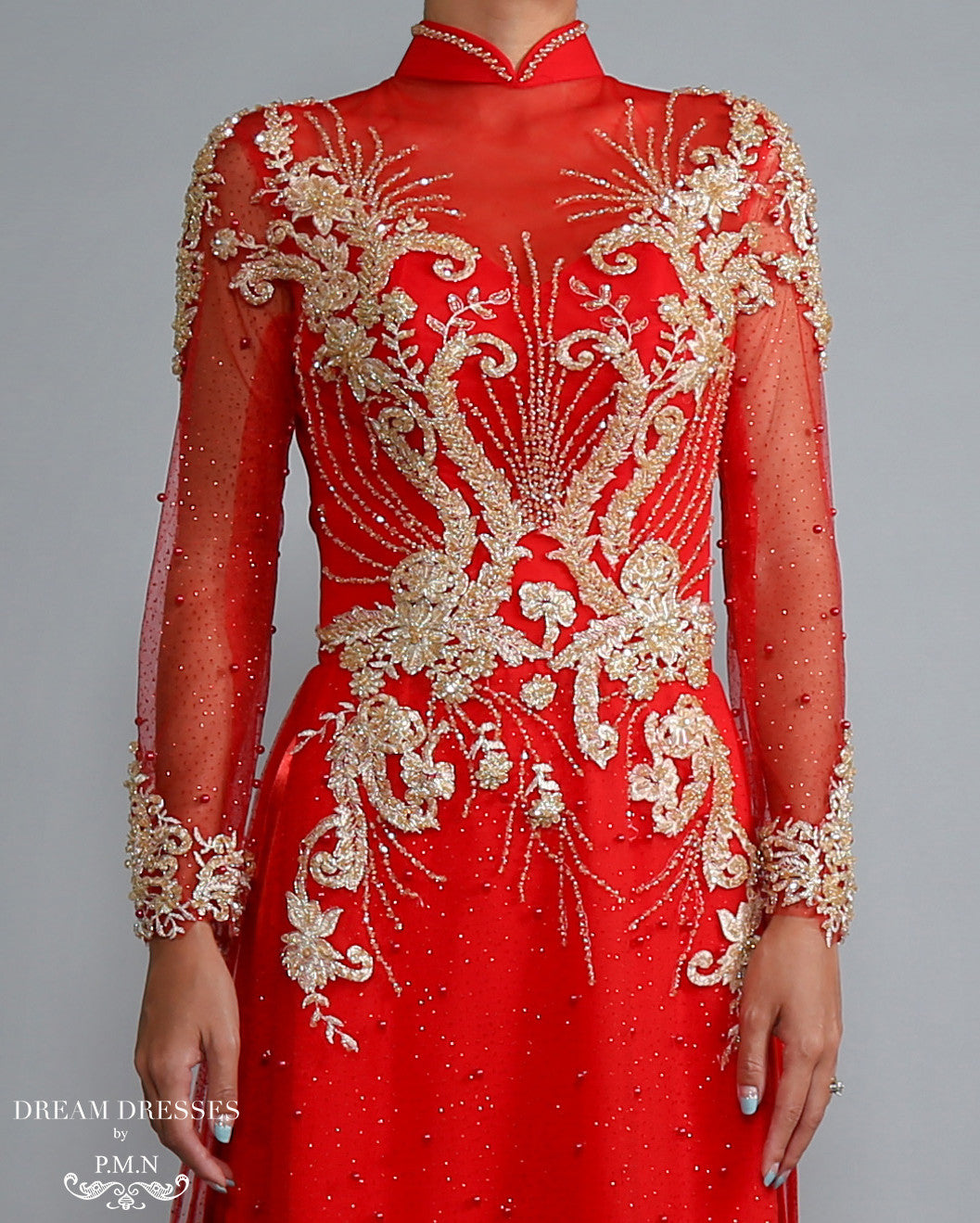 Red Ao Dai with Gold Lace | Vietnamese Lace Bridal Dress (#RAISSA)