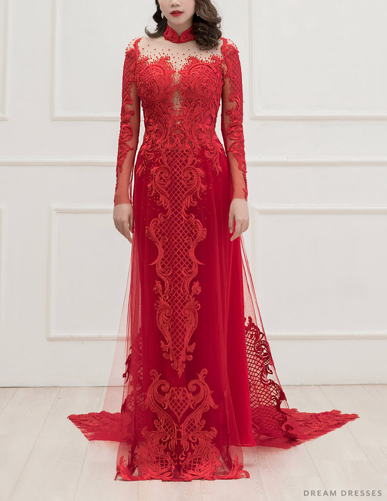 Red Ao Dai Cape, Vietnamese Lace Bridal Ao Dai Cape (#TEMA)