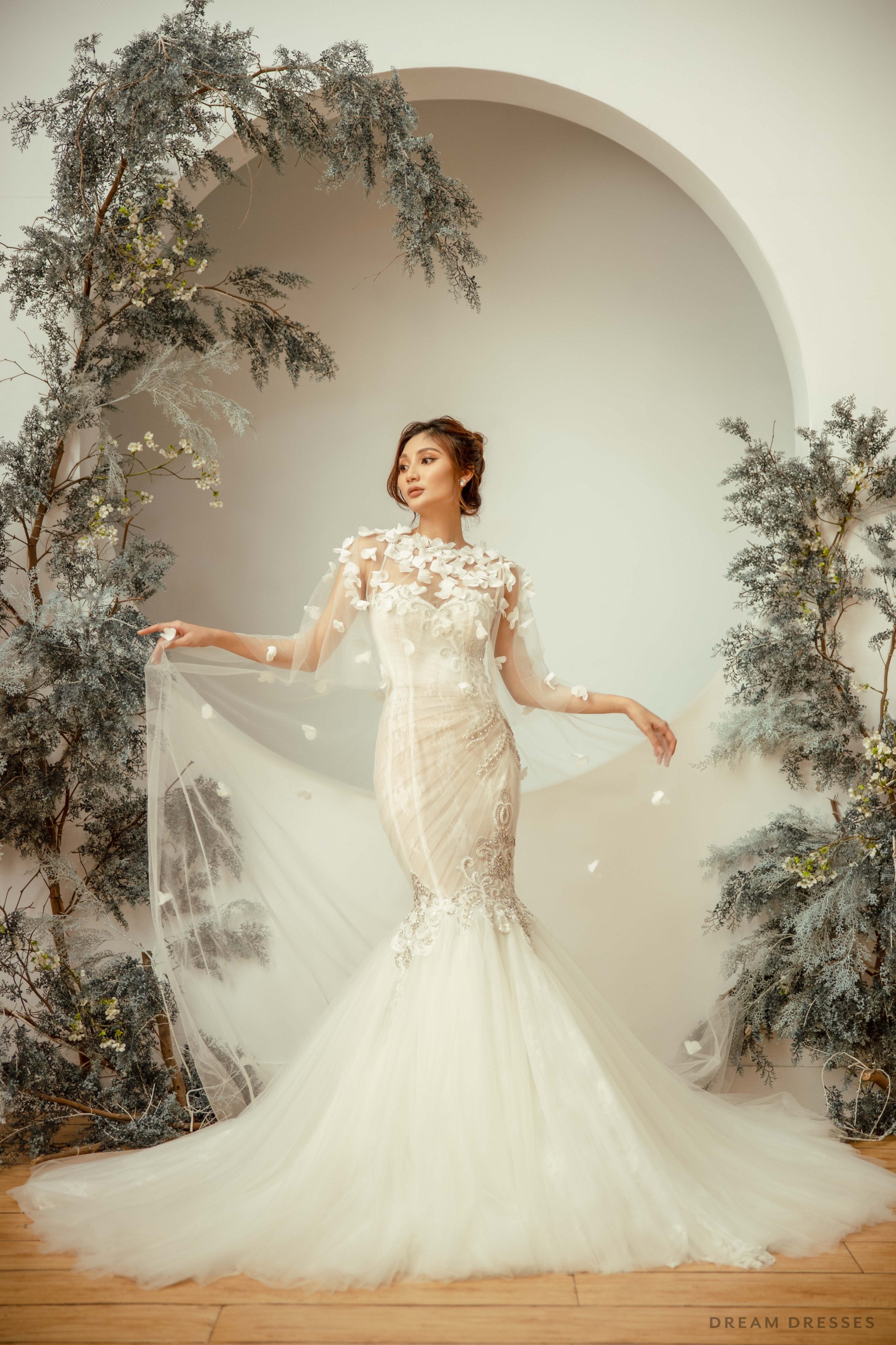 Bridal Cape Veil with 3D Floral Appliqué, Dream Dresses by P.M.N